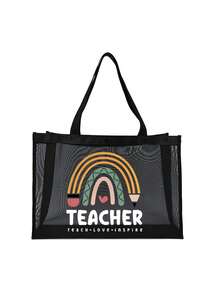 大容量时尚网眼手提包，带字母装饰，适用于海滩度假存储和购物，适合青少年女孩女大学生，教师节礼物，节日礼物，送给妈妈的礼物，彩虹图案设计，书包，便携，大容量，适合青少年女孩女大学生，非常适合办公室、大学、中学、高中、工作、商务、通勤、办公室、海滩，送给老师的最佳礼物，感谢老师的礼物 - 黑色 - 查看 14