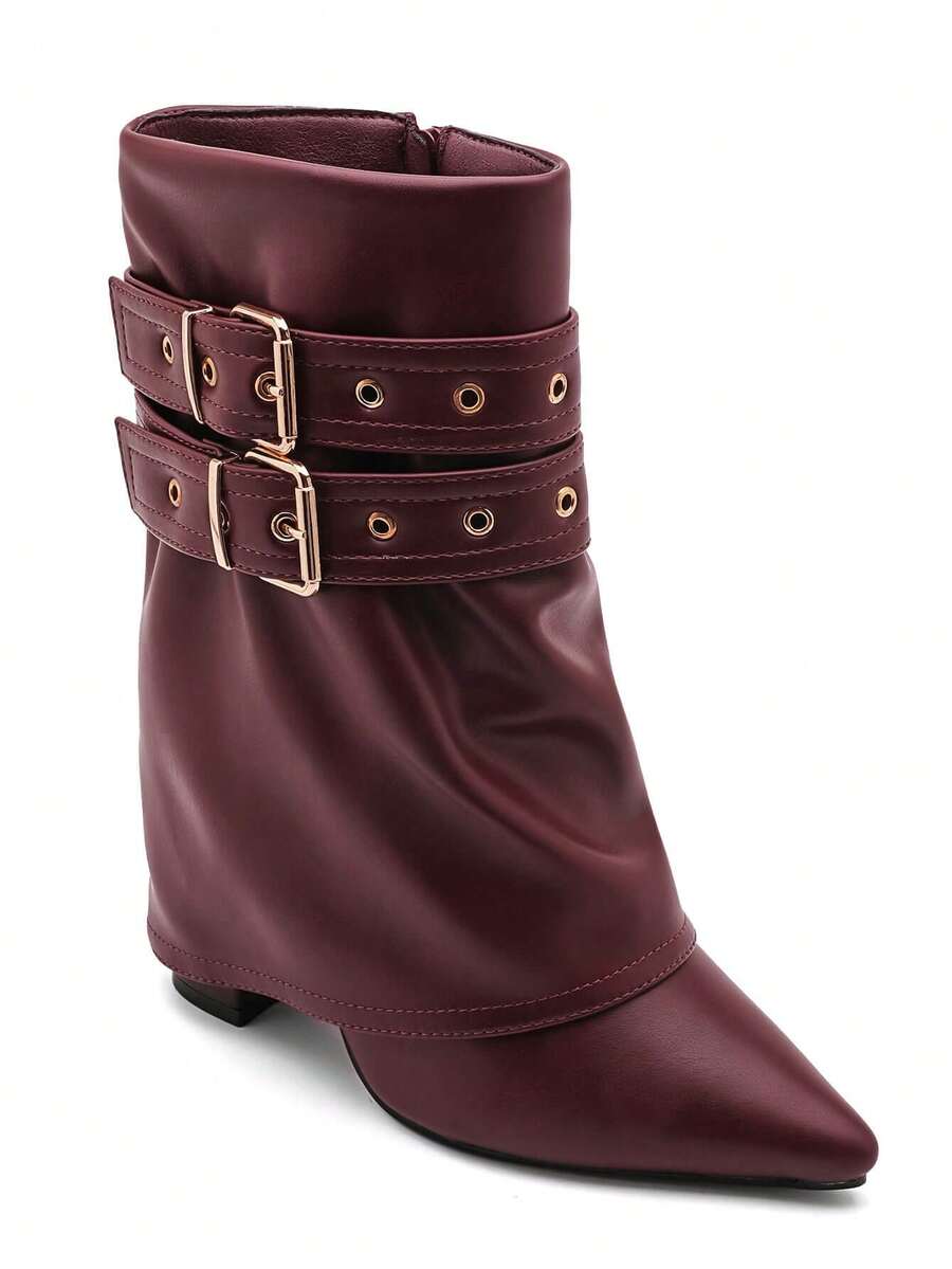 Bottines femme à talon bas avec doubles boucles dorées – style élégant en simili cuir - 酒紅色 - 查看 1