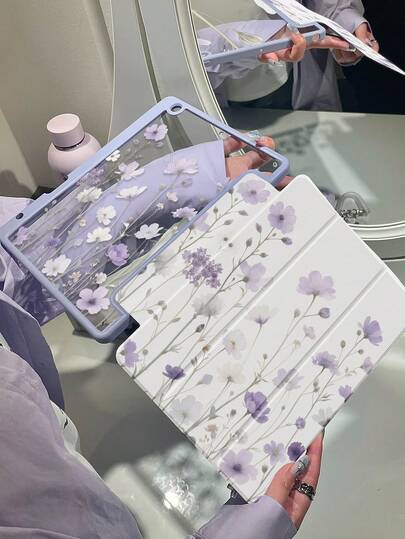 Cute Luxury Floral Pattern Shockproof Cartoon Purple Double-Sided Acrylic Crystal Clear Back Premium Cover Suitable For 7th 8th (10.2 Inch) And 10th Generation It Has A Built-In Pen Slot Supports Sleep/Wake Function Multiple Folding Stand Modes Spring Mom Gift Generation.
