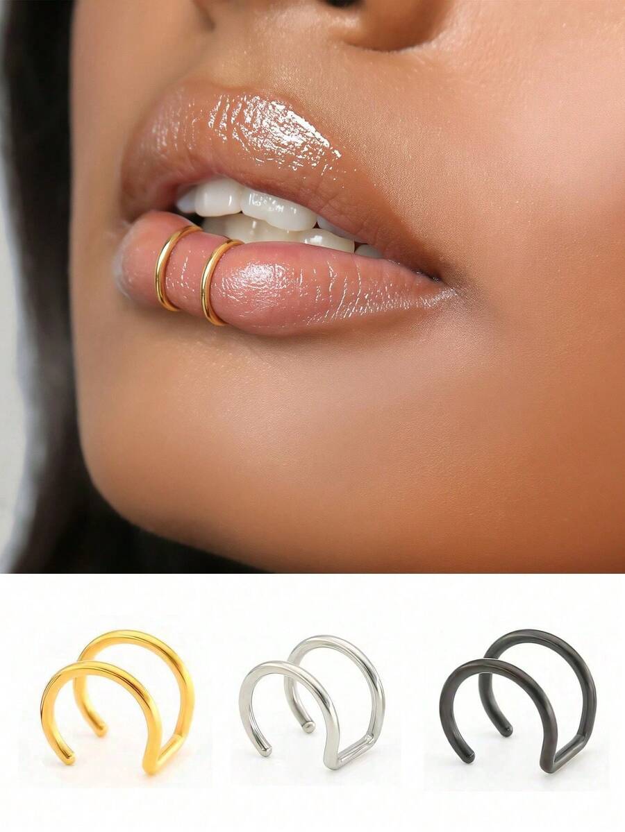 3Pcs/2Pcs/1Pc Stainless Steel Fake Lip Cuff False Lip Ring Fake Lip Nail Ear Piercing Jewelry For Women Men Clip On Ear Cuffs Fake Lip Ring Non Piercing Labret Rings - Multicolor - View 1