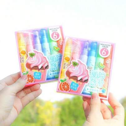 6pcs Creative Cream Scented Colored Highlighter Pens, Cute Slanted Tip Colored Marker Pen Set, Suitable For Students, Stationery, Gifts