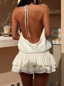 Women's Summer Mini Dress Plain Halter Neck Backless Layers Ruffle Hem Mini Dress A Line Going Out Dress - White - View 4