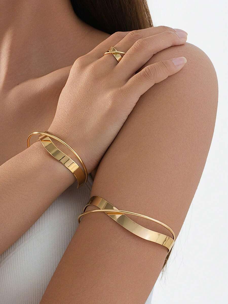 1 Bộ vòng tay kim loại tối giản thời trang nữ, 1 nhẫn, 1 vòng tay, thích hợp cho hàng ngày, hẹn hò, ngày lễ, làm quà tặng - Vàng - Xem 1