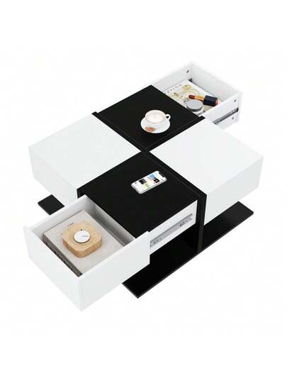 Moderne Coffee Tafel Zwart Wit 70*70*35.5 Drawers, Square Living Room Storage Space, High Gloss Zachte Drawer Rails