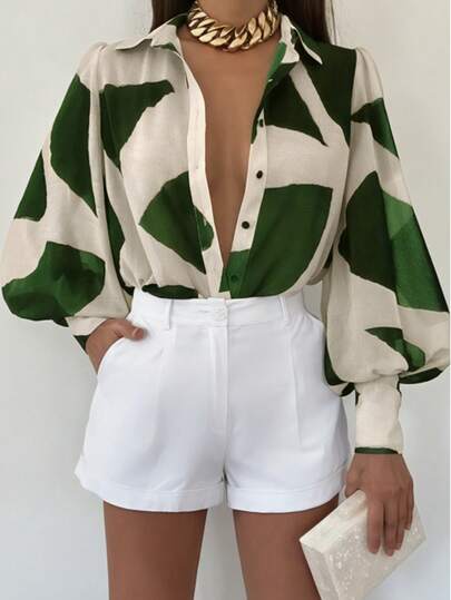 Chemise à manches lanternes avec imprimé blocs de couleurs mode grande taille pour femmes, en tissu texturé à motif géométrique avec fermeture boutonnée à l'avant, convient pour le quotidien, la rentrée, les fêtes, les représentations sur scène, les voyages, l'aéroport