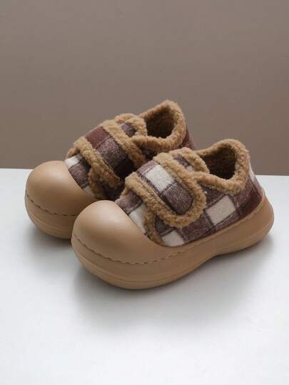 女士格子图案冬季保暖一脚蹬拖鞋 - 舒适厚底防滑厚保暖家居鞋