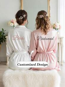 1pc Personalized Custom Satin Bridal Robe With Half Sleeves, Custom Text, Custom Wedding Robe For Bride Bridesmaid, Personalized Satin Robe, Custom Bridal Robe, Bridesmaid Getting Ready Robe, Wedding Party Robes, Lace Trim Robe, Custom Name Robe, Bride Robe Gift, Bridal Shower Gift, Silky Loungewear, Contracted,Funny,Custom,Unique, Matching Bridesmaid Robes Silky Loungewear Special Gifts For Brides, Besties, Girlfriends,Apparel Accessories,Chic Autumn