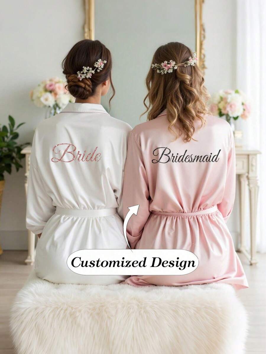 1pc Personalized Custom Satin Bridal Robe With Half Sleeves, Custom Text, Custom Wedding Robe For Bride Bridesmaid, Personalized Satin Robe, Custom Bridal Robe, Bridesmaid Getting Ready Robe, Wedding Party Robes, Lace Trim Robe, Custom Name Robe, Bride Robe Gift, Bridal Shower Gift, Silky Loungewear, Contracted,Funny,Custom,Unique, Matching Bridesmaid Robes Silky Loungewear Special Gifts For Brides, Besties, Girlfriends,Apparel Accessories,Chic Autumn