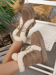 青少年平底厚款保暖雪地靴，交叉鞋带和人造毛皮饰边，冬季靴子 - 卡其色 - 查看 3