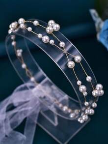 قطعة واحدة من عصابة رأس نسائية بسيطة مصنوعة يدويًا بطبقتين من اللؤلؤ لحفلات الزفاف والحفلات والتصوير الفوتوغرافي - الذهبي - مشاهدة 9