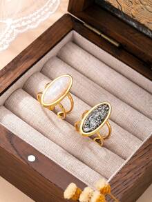 1 pieza de anillo ajustable de acero inoxidable con diseño de gema ovalada de moda, chapado en oro de 18k, adecuado para uso diario de mujeres, citas festivas, compromisos, bodas, accesorio que puede regalarse a amantes, amigos y familiares