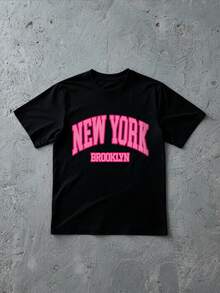 New York Brooklyn Pink Print Black T-Shirtcrew Neck Short - Sleeved Fashion Printed 100% Cotton Casual T - Shirt - 黑色 - 查看 1