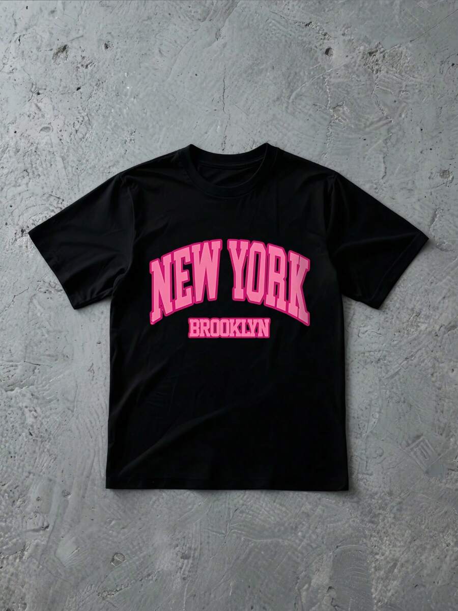 New York Brooklyn Pink Print Black T-Shirtcrew Neck Short - Sleeved Fashion Printed 100% Cotton Casual T - Shirt - 黑色 - 查看 1