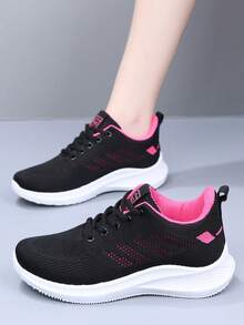 女士休闲运动鞋，轻便舒适的低帮步行鞋，圆头系带休闲跑鞋，网眼透气面料镂空轻便运动鞋