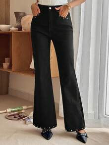 Livesso 女式口袋直筒宽松休闲百搭牛仔裤 - 黑色 - 查看 5