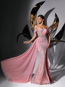 Women's Fairy-Style Pink Sequin Beaded Off-Shoulder High Slit Fishtail Evening Dress Wedding Spring - Pink - View 2