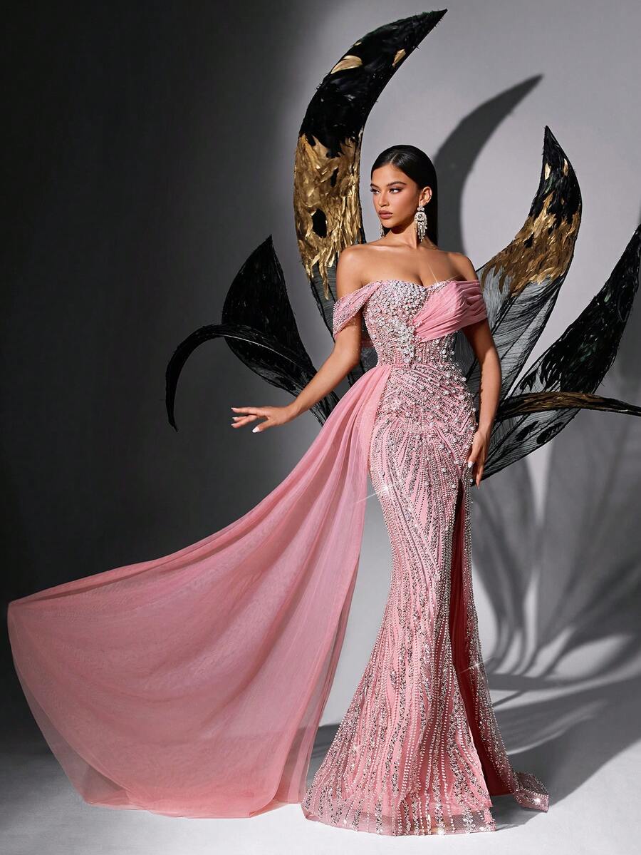 Women's Fairy-Style Pink Sequin Beaded Off-Shoulder High Slit Fishtail Evening Dress Wedding Spring