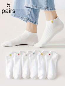 5双随机白色女士简约休闲袜子，卡通水果图案，适合日常穿着