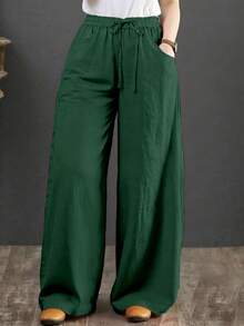 Women's Relaxed Wide Leg Cropped Pants With Pockets, Plus Size Cotton Linen Blend, Lightweight And Breathable, Loose Comfortable Fit, Multiple Color Options, Boho Inspired Style, Simple Versatile Design, Ideal For Everyday Wear, City Walks, Travel Vacations, Work Commute, Back To School Outfits, Casual Date Looks, And Valentine's Day Outfits - 軍綠色 - 查看 2