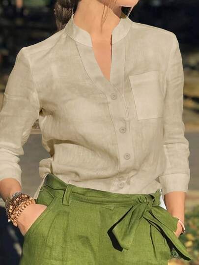 Camisa de mujer de unicolor con cuello en V y botones - Blusa casual y elegante de manga larga con detalle de bolsillo, adecuada para vacaciones, viajes y uso diario, artículo esencial para primavera, verano, otoño e invierno