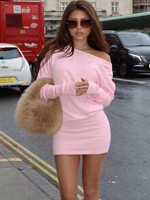 女士连衣裙，Y2K风格露肩长袖修身迷你连衣裙，纯色褶皱腰身休闲连衣裙，超薄夏季日常穿着优雅粉色 - 粉色 - 查看 3