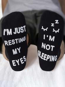 1 Pair Men's Socks, "I'm Not Sleeping, I'm Just Resting My Eyes", Floor Socks, Non-Slip Socks, Novelty Socks - Black - View 3