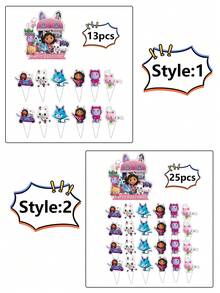 Gabby's Dollhouse [ Essential Party Decorations ]Gabby's Dollhouse Birthday Cake Display Cards, Cute Cartoon Flag Decoration Sets, Dessert Table Decoration Props, Birthday Party Photo Materials!