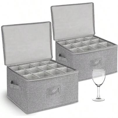 Punemi Wine Glass Storage Box Glassware Storage Containers W Rigid Top Side Bottom Support Padded Dividers Stackable Stemware Storage Case For 24 China Crystal Glasses Drinkware Moving Supplies