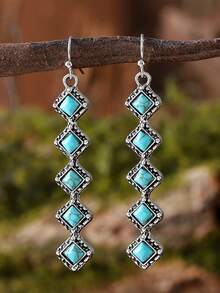1pc Vintage Turquoise Inlaid Tassel Earrings, Minimalist Versatile Jewelry Accessory - Multicolor - View 5