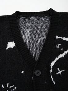 ANDREILEE Men's Casual V-Neck Printed Long Sleeve Sweater, Loose Fit Streetwear Style, Versatile For Spring, Autumn, Winter - Black - View 4