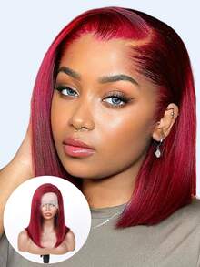 Parrucca Bob da 14 pollici 99J con scriminatura laterale, parrucca Bob corta e dritta, densità di 180, parrucca frontale in pizzo trasparente da 13 x 4 x 0,5 in veri capelli, adatta a donne con diverse tonalità di pelle, adatta per uso quotidiano, parrucca frontale in pizzo, scriminatura laterale pre-sfoltita, parrucca Bob corta e dritta, adatta per feste, Ognissanti, carnevale, disponibile da 8 a 16 pollici