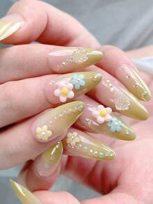 24片/盒 绿色渐变山茶花法式水滴美甲贴纸，包含1瓶果冻胶和1个指甲锉，适合女性和女孩使用。