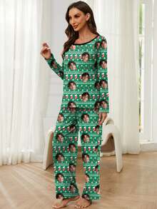 Printstory Customized Women's Pajama Set, Personalized With Any Pattern, Unique Custom Gift, Suitable For Family And Friends, Christmas - Green - View 3