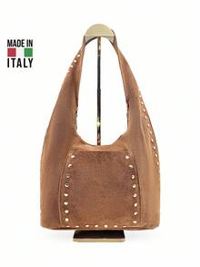 Suede Shoulder Bag With Studs MADE IN ITALY FIRENZE - D06 CUOIO - View 6