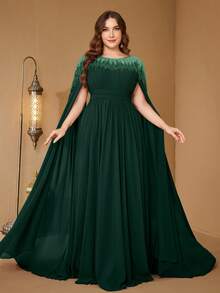 Đầm dạ hội thanh lịch dáng ôm bằng chiffon, cổ đứng, tay áo choàng, đính sequin của SUPGIR dành cho nữ cỡ lớn. - Màu xanh lá cây đậm - Xem 5