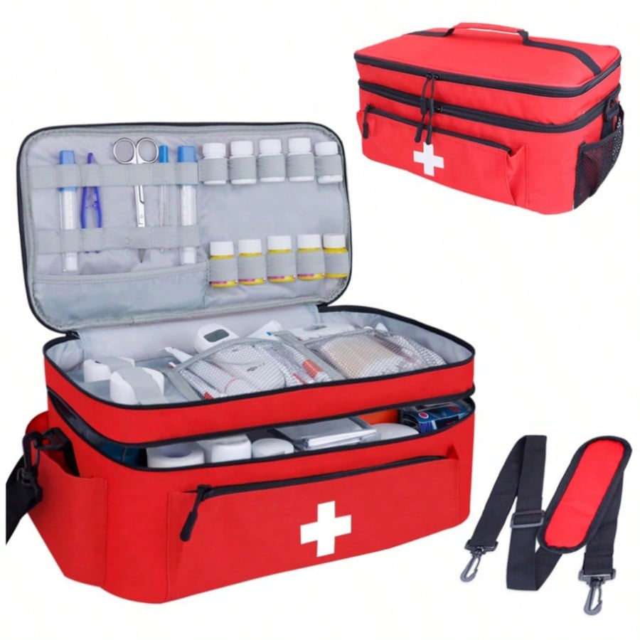 1 Piece, Empty Large/Small Medical Box With Shoulder Strap, Medicine Storage Box, Emergency Supplies Storage Bag, Suitable For Cars, Homes, Offices, Outdoors, Camping, And Hiking (Medications Not Included) Medicine Bag Medicine Organizer Medicine Storage Bag For Travel For Outdoor Portable Travel Essentials First Aid Bag