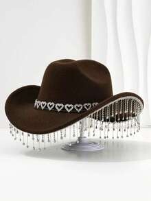 1PC Unique British Style Elegant Cowboy Hat For Men And Women, With Heart-Shaped Diamond Hat Chain, Tassel-Shaped Pendant, Bohemian Style Wide Top Hat, Colorful And Vibrant, Suitable For Western Theme Events, Role Play, Graduation, Graduation, Masquerade, Masquerade, Wedding, Celebration, Halloween Party