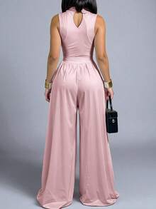 Palazzo casual cuello redondo alzado cintura ajustada detalle fruncido sin manga pierna amplia suelta mujer verano otoño comodidad frescura - Rosa Pálido - Ver 3