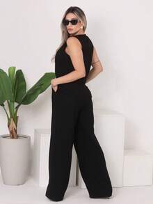 Casaul Premium Tailored Women's Set, Wide Leg Pants With Pocket, Sleeveless Blouse - 黑色 - 查看 2
