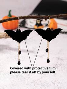1 对亚克力黑色蝙蝠形流苏耳环，创意万圣节耳环 - 黑色 - 查看 2