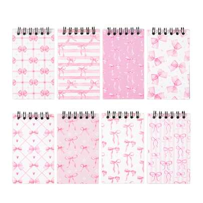 Conjunto de 8 mini cadernos espiral com tema de laço rosa, lembrancinhas de festa com tema de laço rosa e branco, pequenos presentes para festas de aniversário, prêmios para jogos de festa, cadernos espiral decorativos, cadernos destacáveis, mini cadernos de bolso portáteis, adequados para uso diário, presentes para estudantes, recompensas de volta às aulas, lembrancinhas de festa, artigos de papelaria, diários, blocos de notas.