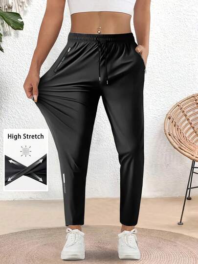 Pantalones casuales de mujer de cintura media con estiramiento, con bolsillos con cremallera y cintura ajustable con cordón - Pantalones rectos ligeros para caminar, actividades al aire libre - Primavera/Verano/Otoño, Pantalones de entrenamiento, Tela de textura suave