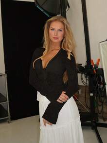 1 Stück Damen Herbst Blumen Mesh Schleife Vorne Rüschen Weite Ärmel Bluse - Schwarz - Übersicht 9