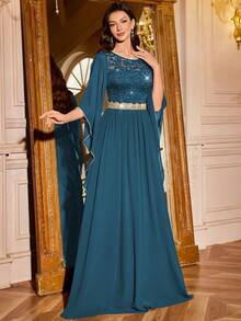 MIUSOL Đầm maxi dự tiệc trang trọng bằng chiffon, cổ tròn, tay cánh bướm, viền bèo nhún, đính sequin và ren hoa. - Màu xanh bụi bặm - Xem 8