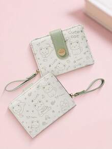 New Korean Style Folding Buckle Short Women's Wallet, Japanese Cute Cat Cartoon Integrated Card Holder, Student Bag, Zipper Coin Purse Wallet - 抹茶綠 - 查看 1