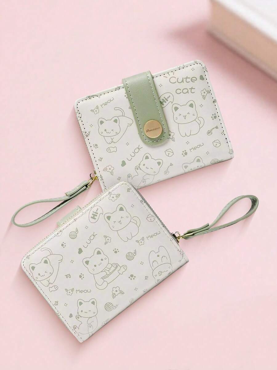 New Korean Style Folding Buckle Short Women's Wallet, Japanese Cute Cat Cartoon Integrated Card Holder, Student Bag, Zipper Coin Purse Wallet - 抹茶綠 - 查看 1