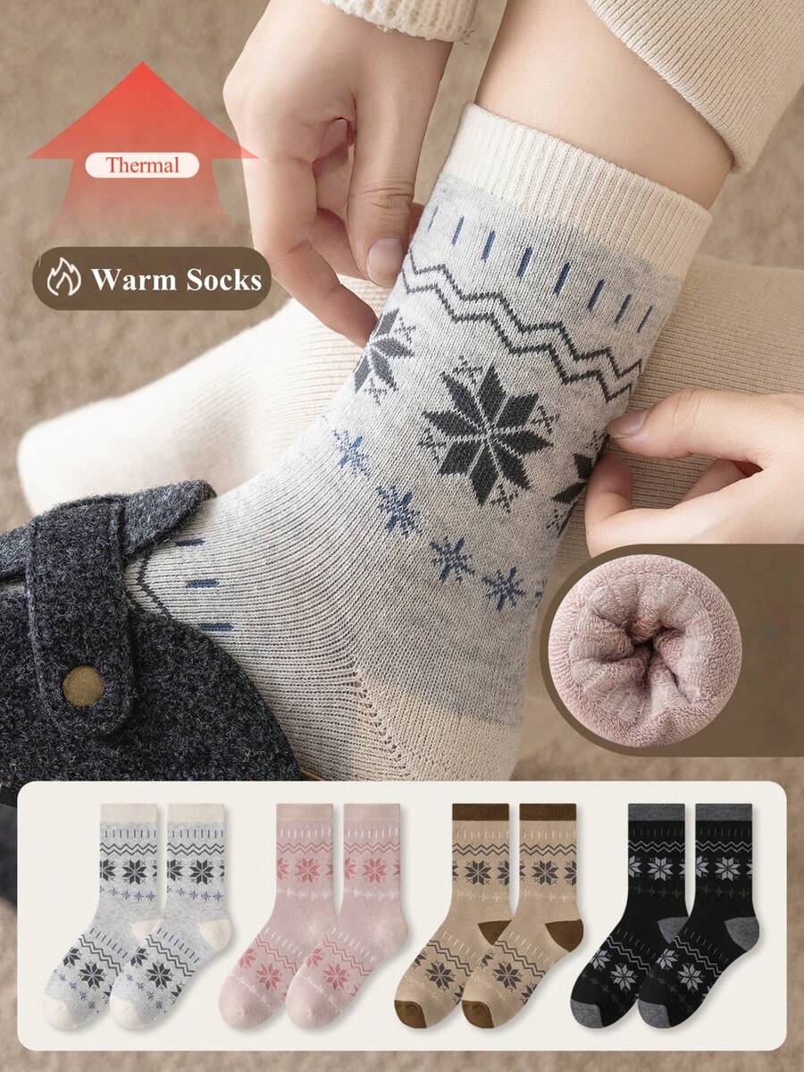 1/2/3/5双女士秋冬保暖袜。雪花图案袜子。厚袜子圣诞袜 - 彩色 - 查看 1