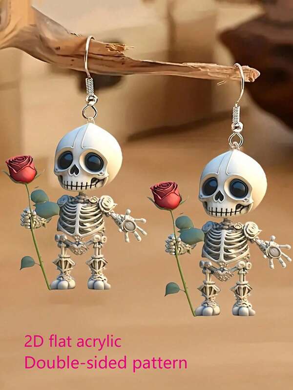 2 Aretes lindos de calavera y rosa de acrílico - Ligeros, duraderos y encantadores - Perfectos para regalos de aniversario y Halloween