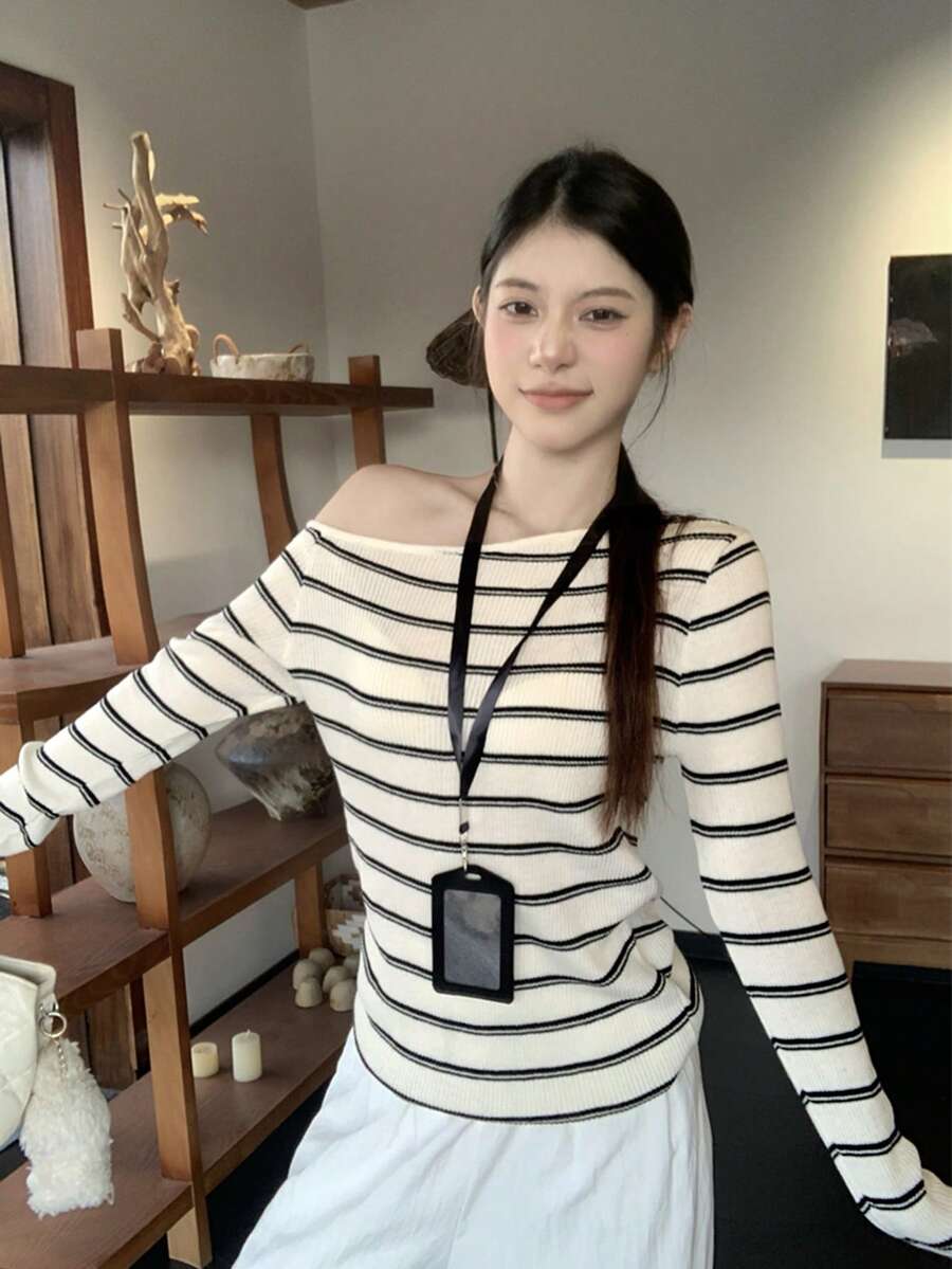 Autumn Oblique Collar Asymmetric Striped Slim Knit T-Shirt Top For Women - Apricot - View 1