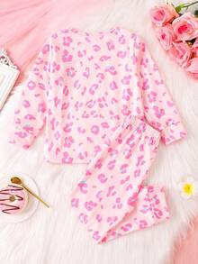 New Girls Pyjama Set Playful And Cute Pink Leopard Print Pajama Set Young Girl Round Neck Long Sleeve Casual And Comfortable Young Girl Clothes Two Pieces Set Suitable For All Seasons